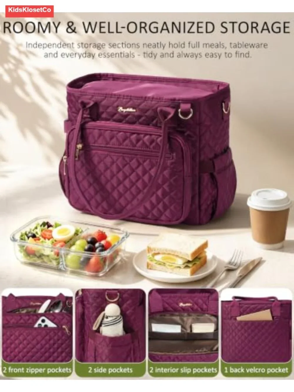 Insulated Quilted Lunch Bag Tote with 40oz Cup Holder, Leakproof Work Cooler